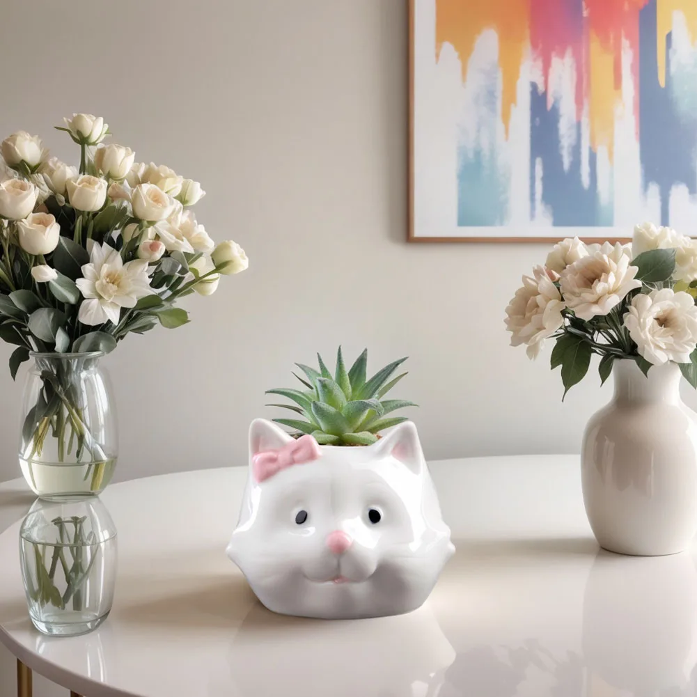 猫セラミック多肉植物ポット盆栽コンテナ樹脂製排水穴付きホームオフィス用