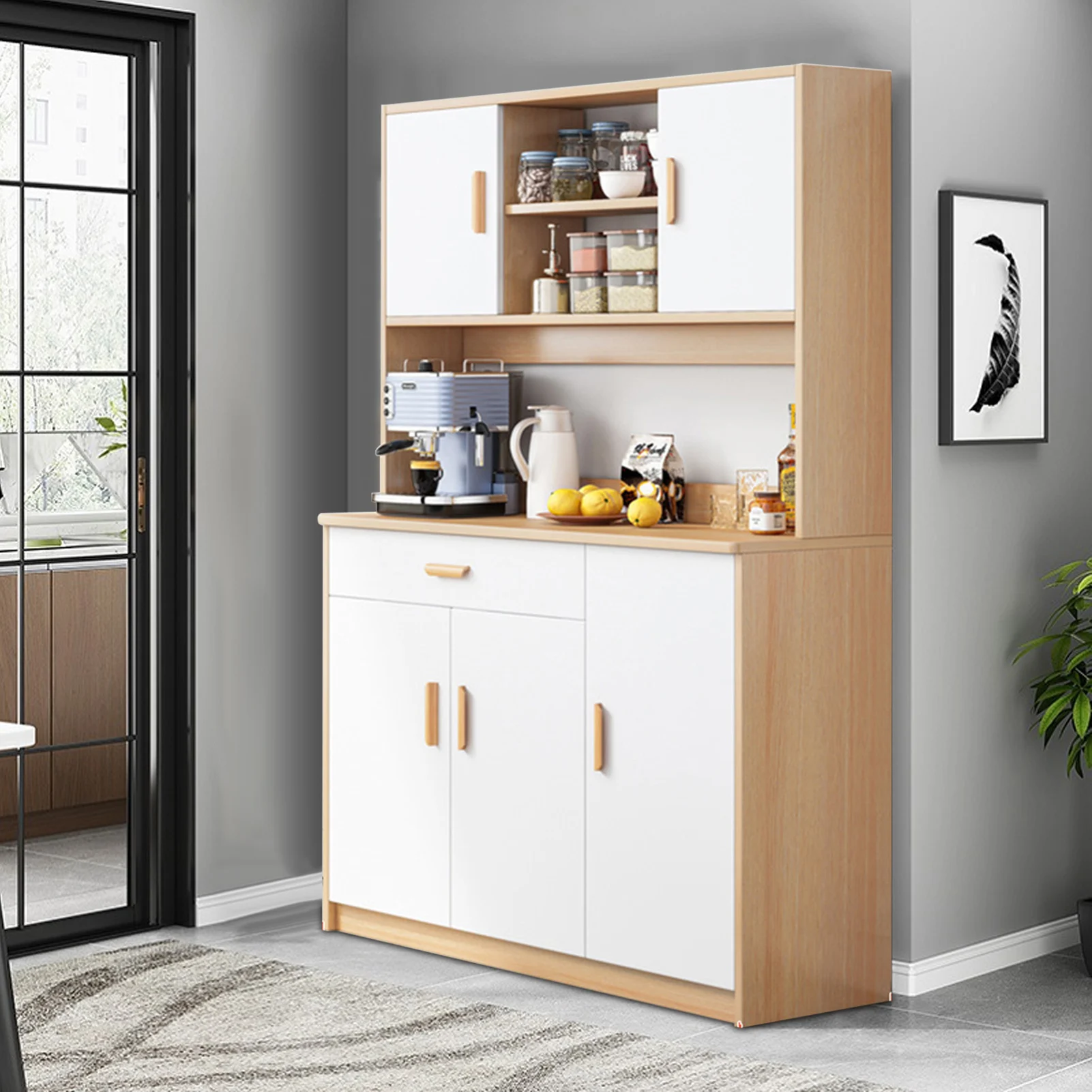 Freestanding Hutch Cabinet with Buffet Cupboard, Utility Pantry with Microwave Stand, Household Wall Tall Sideboard with Drawers