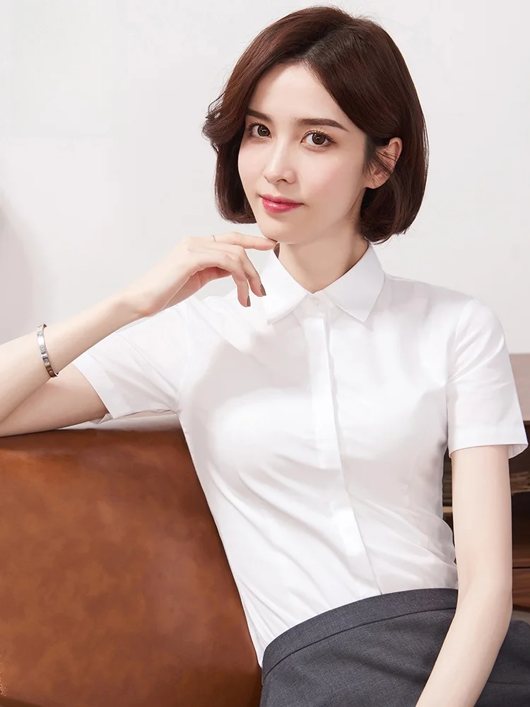 

Romon Women's Slim Fit White Shirt Square Collar Short Sleeve Professional Business Interview Workwear Iron Free Summer Fashion