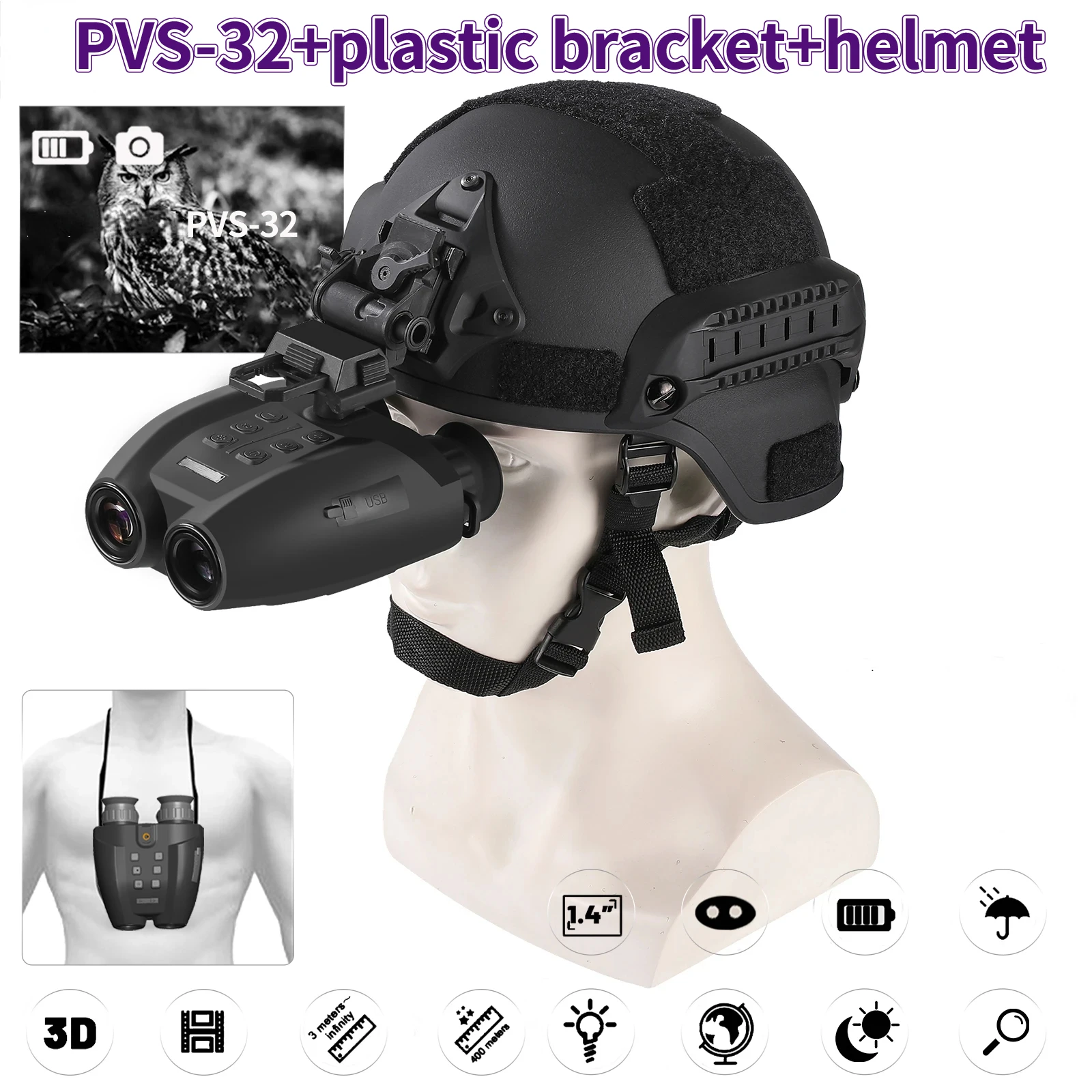 PVS-32  Infrared Night Binoculars NVG Mount Head Mounted HD 1080P Video Camera New Tacticle Helmet Night Vision Goggles 8X Zoom