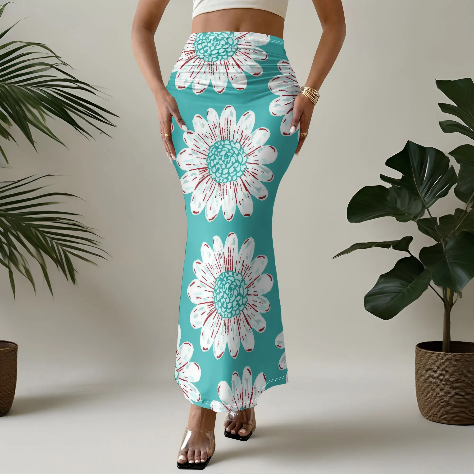 Floral Mermaid Skirt, Daisy Print Midi Skirt, Summer Beachwear, Women's Fashion Skirt, S-2XL