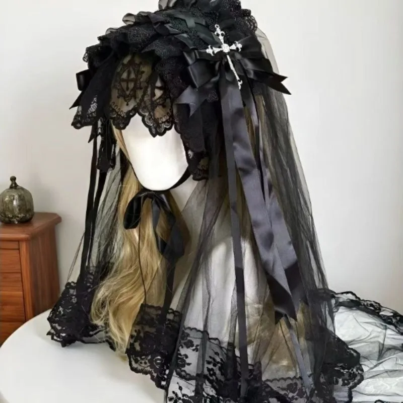 Gothic Dark Angel Black/White Veil Subculture Nun Cosplay Lolita Headpiece Women Halloween Hairband Daily Fashion Headwear view 6