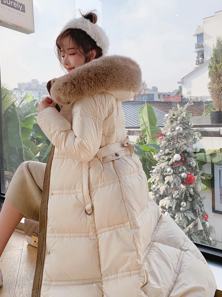 Warm Hooded Cotton Jacket Coat For Women's Fashion 2023 Winter New Korean Slimming Mid Length Quilted Jacket White Duck Down