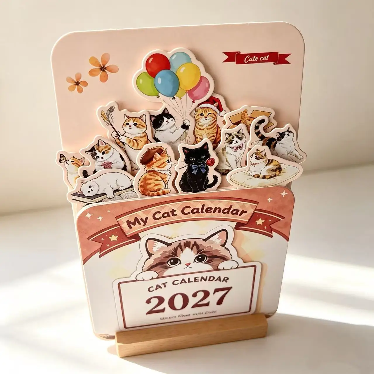 2027 Cute Cat Desk Calendar Gift Set with Wooden Base and Gift Box Creative Animal Calendar for Cat Lovers Christmas New Year Pr