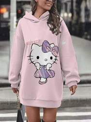 Women's Winter Dress Cartoon Sweet Print HelloKitty Long Sleeve Hoodie Dress Fashionable Women's Warm Sweater