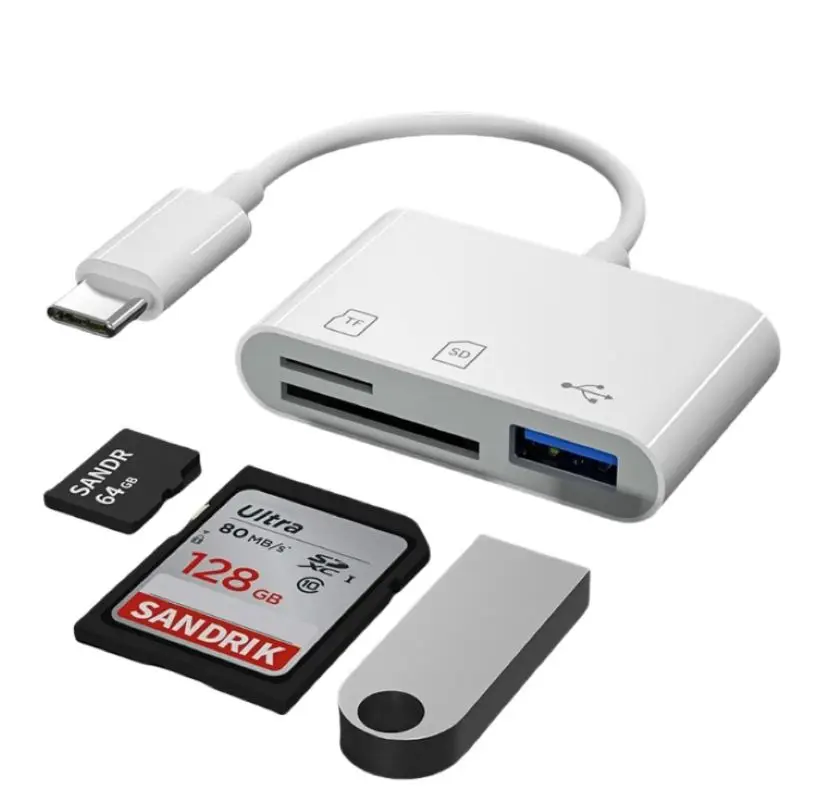 3-in-1 Multi-Function Type-C to SD Card and TF Card Camera Adapter, Supports Card Reader and USB Security Key