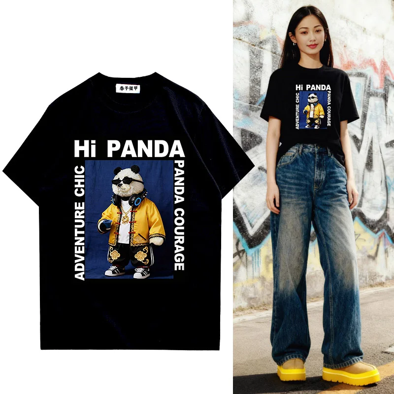 Ladies Panda Print T-Shirt round Neck Short Sleeve Chinese Trendy Casual Fashion Women's Top