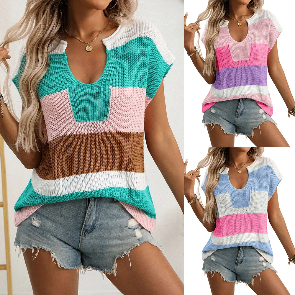 Moda de malha manga curta t camisa feminina verão casual listrado pequeno u pescoço dopamina cor-bloqueio versátil camisola feminina