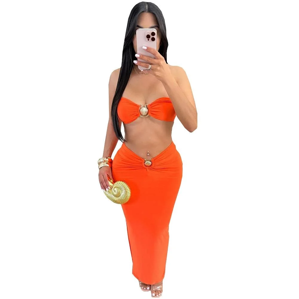 Decorazione sexy in metallo scavato che dimagrisce la pancia Baring Long Dr Set in due pezzi Pantaloni casual transfrontalieri a vita media bassa in PVC