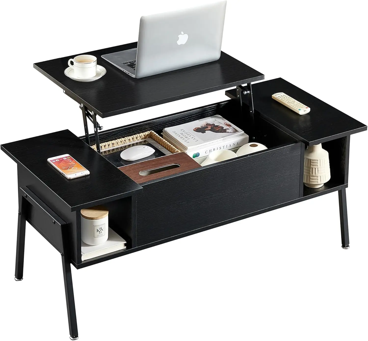 

Lift-Top Coffee Table with Hidden Storage, Adjustable Height for Living Room or Office, Black Finish