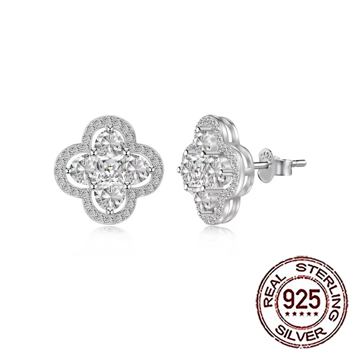 

CWWZircons 925 Sterling Silver Luxury Shiny CZ Crystal Big Four Leaf Stud Earrings for Women Christmas Party Jewelry Gifts SE145