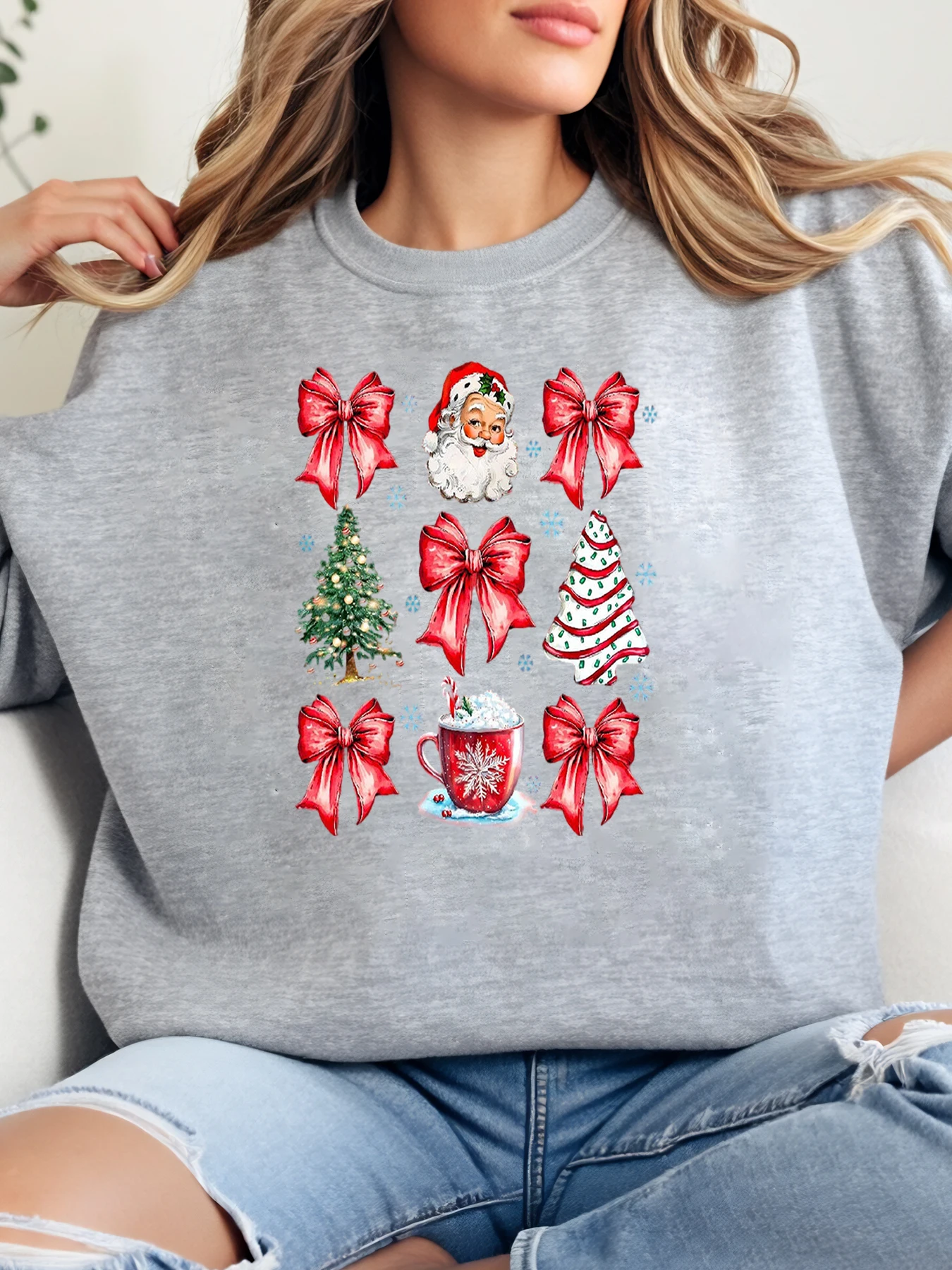 

Рождественская елка Санта-Клауса с бантом из горячего шоколада, праздничный свитшот с принтом, женская повседневная одежда, серый, больших размеров