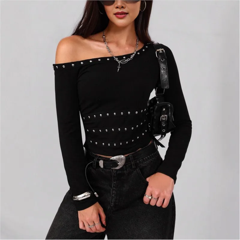 New Womens Long Sleeve Slanted Shoulder Collar Rivet Top Blouse Spring Autumn Black Short T-shirt Slim Fit Sexy Top Street Style