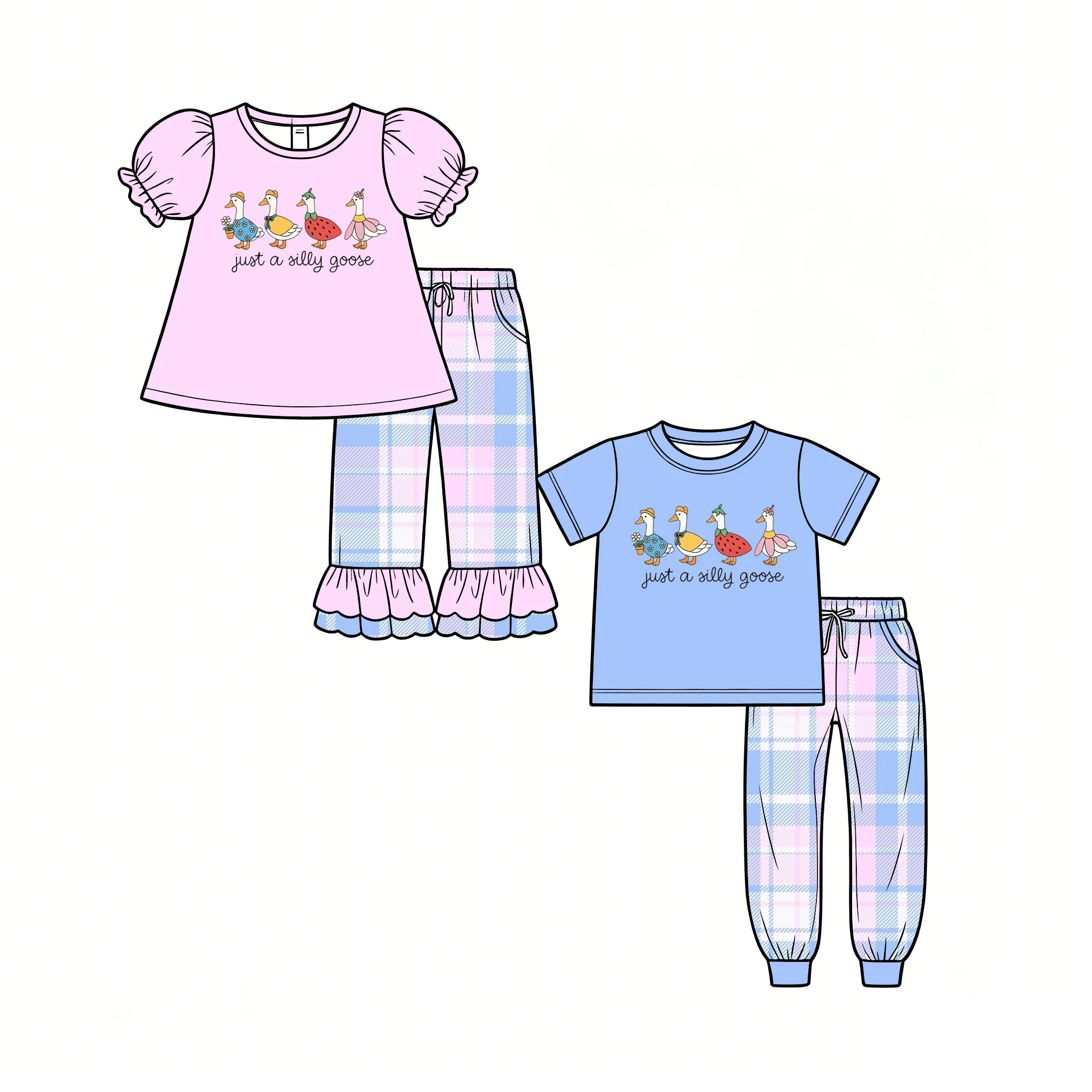 Boutique children's sets siblings long Christmas sets short-sleeved and long-legged duck lattice print have pocket wholesale