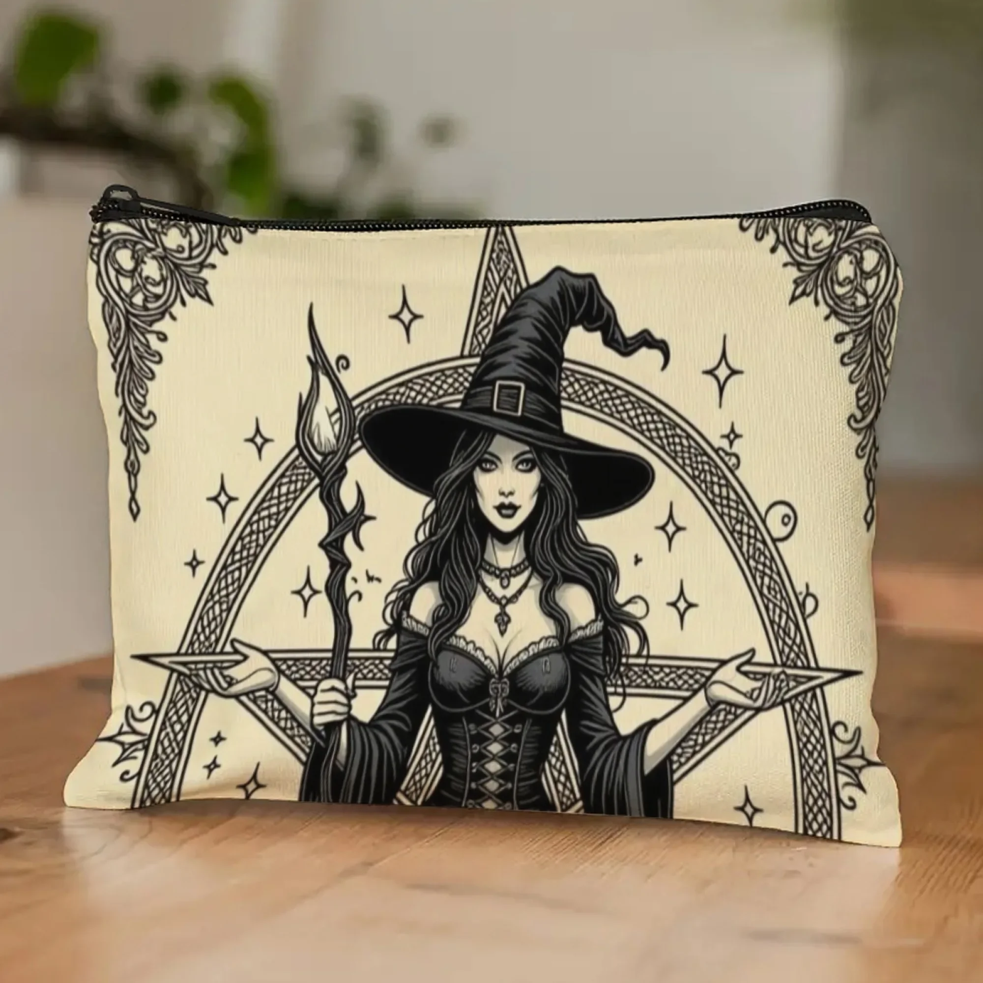 Halloween Vintage Witch Mystical Cosmetic Bag Black Witch with Pentagram & Stars Print Beige Organizer Pouch for Occult Lovers