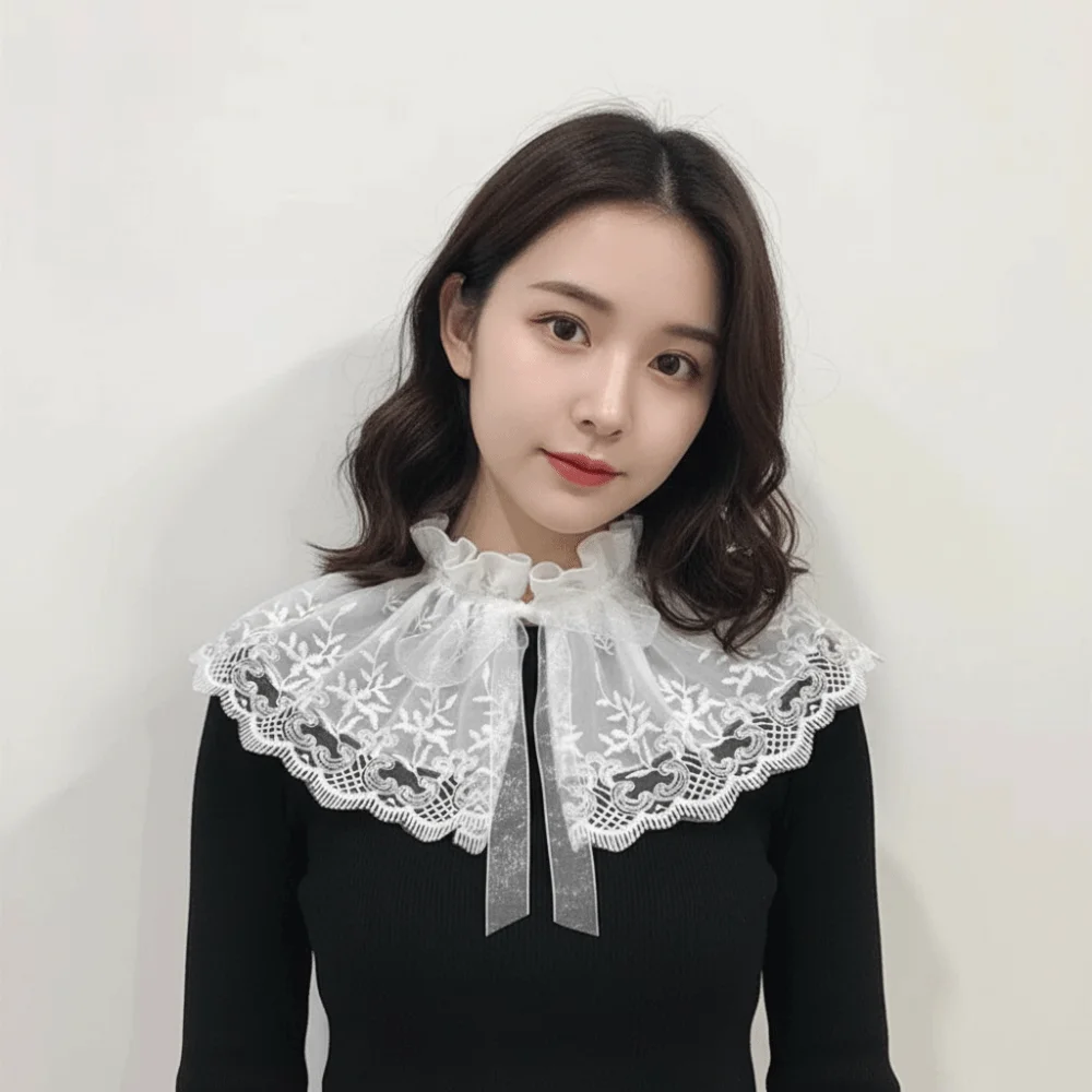 Sweet Cape Embroidered Lace Fake Collar Small high collar Double-layer Blouse False Collars Wraps Embroidery Lapel Female