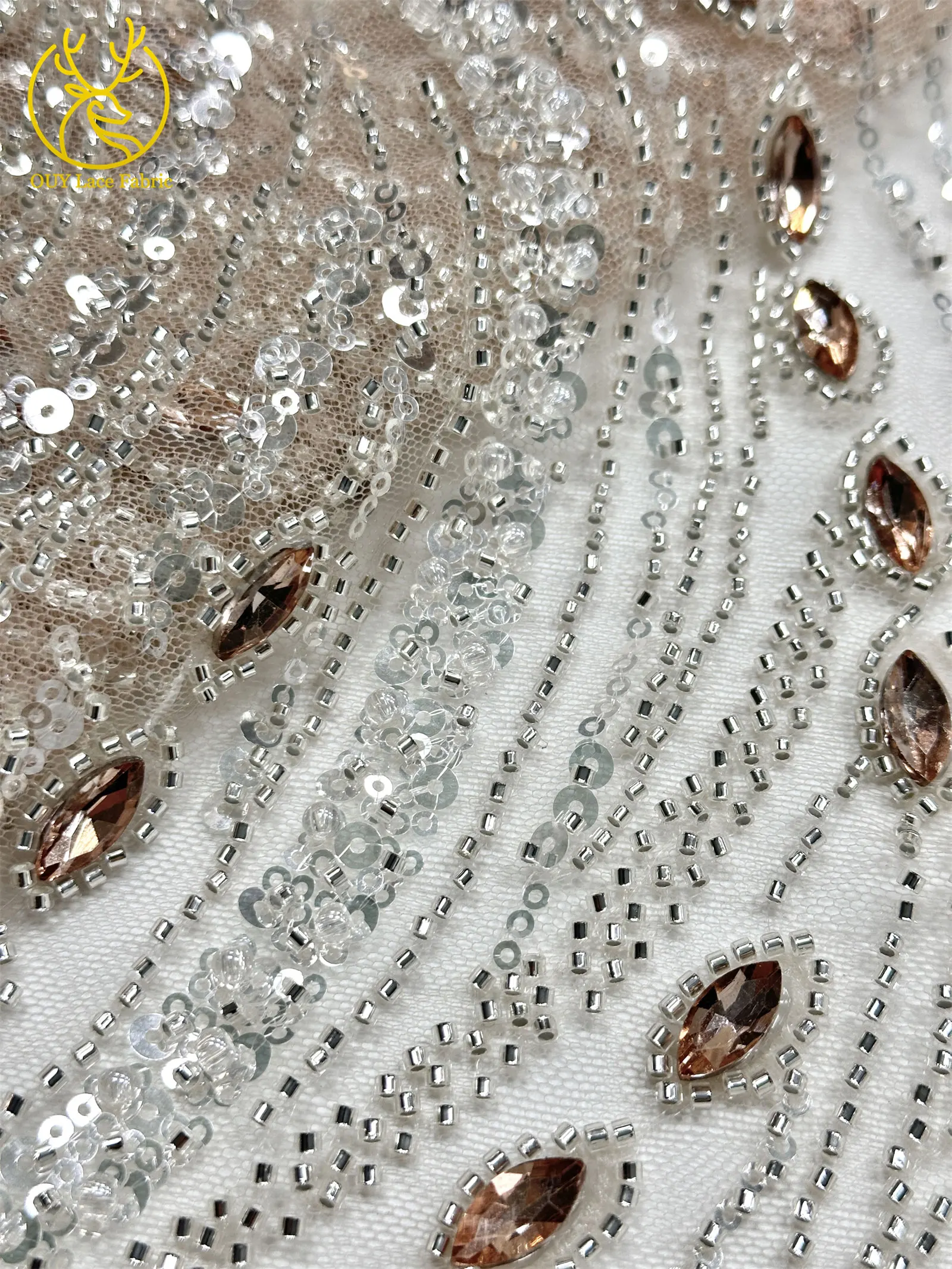 Marineblauer, hochwertiger, luxuriöser, österreichischer Diamant-Perlen-Spitzenstoff im neuen Stil 2026, afrikanischer Pailletten-Spitzenstoff für Brautkleider und Hochzeitsfeiern. – Detail 23