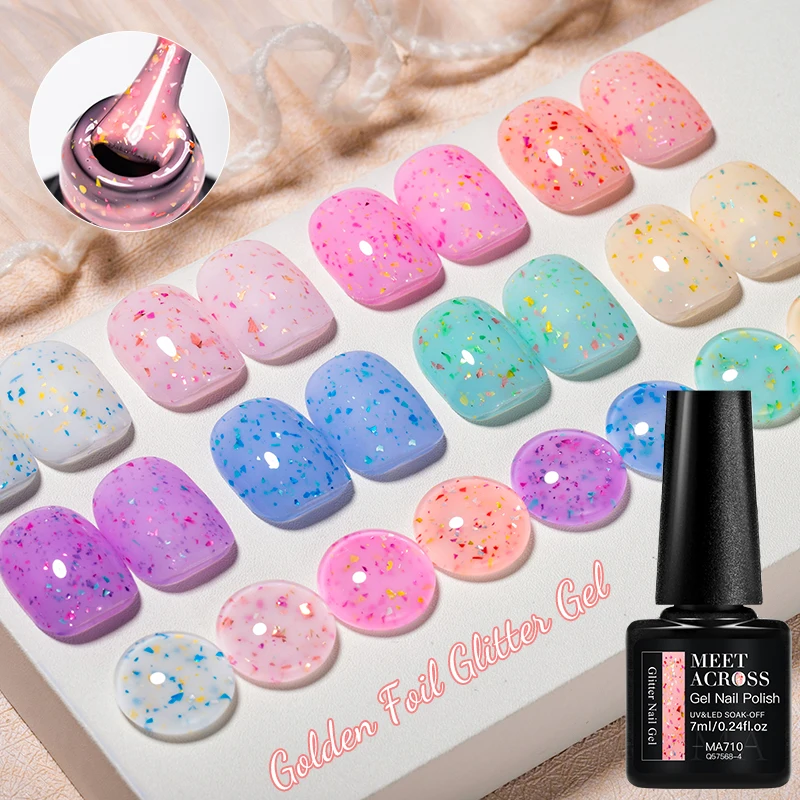 MEET ACROSS 7ml Golden Foil Glitter Gel Nail Polish UV/LED Soak-off Sparkling Foil Sequins Nail Art Gel Manicure Nail Supplies