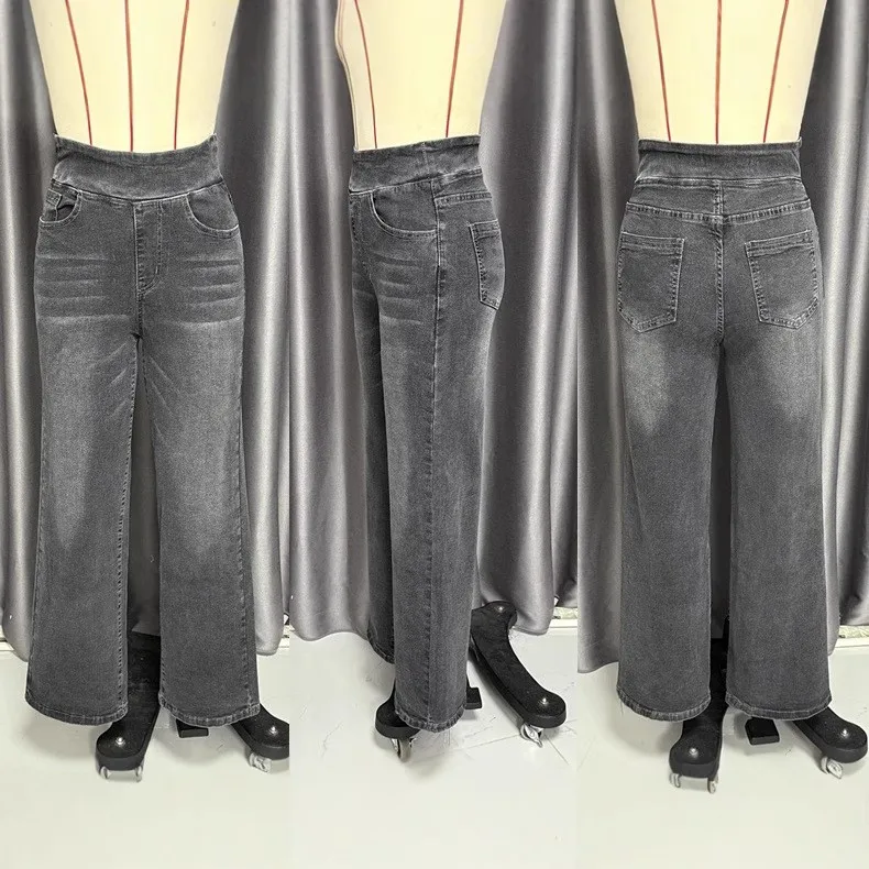 Washed Finish Straight Leg Jeans Japanese Korean Casual with Low Rise Spring Full Length High Stretch Wide Leg Women Jeans