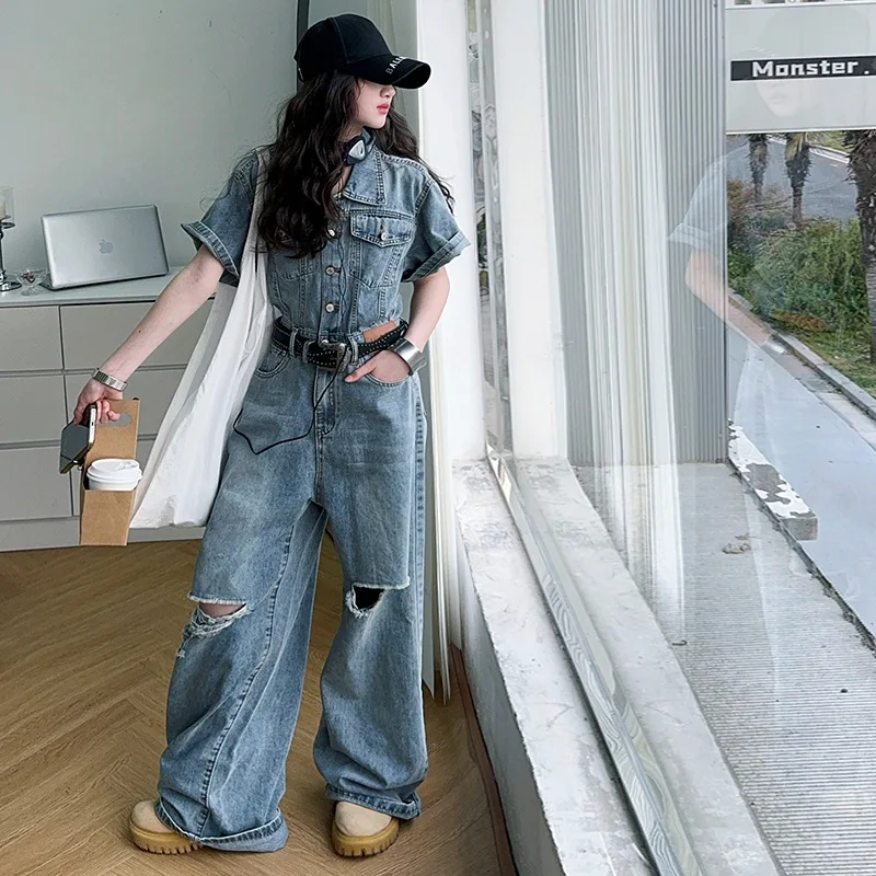 

2025 New Summer Girls Denim Jumpsuit Trendy Wide Leg Romper Blue Thin Cotton Outfit for Big Kids Stylish Casual Ripped Playsuit