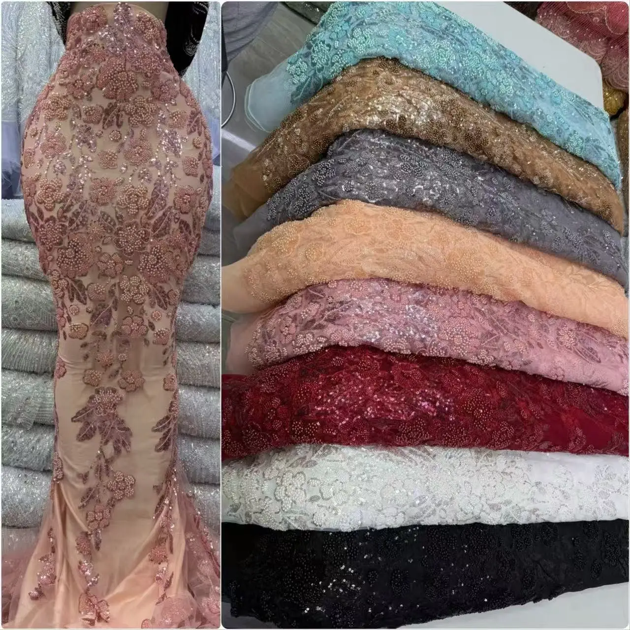 

Luxury African Sequins Beaded Lace Fabrics for Bridal Wedding 2026 High Quality Nigerian French Tulle Embroidery Dresses Sewing