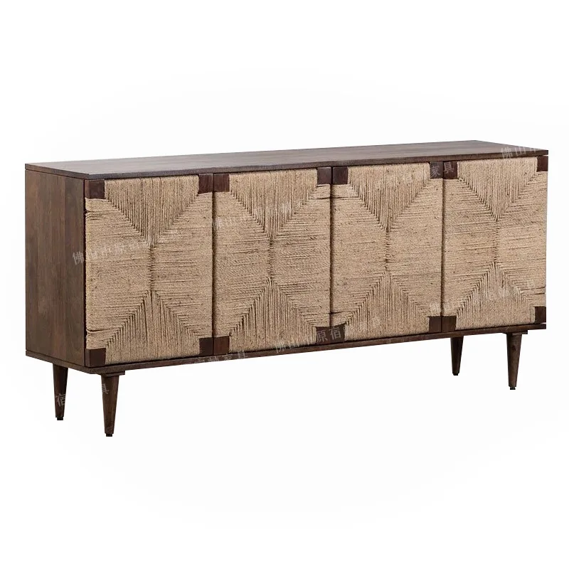 

Retro sideboard, solid wood, hand-woven rattan, porch simple storage, household tea cabinet