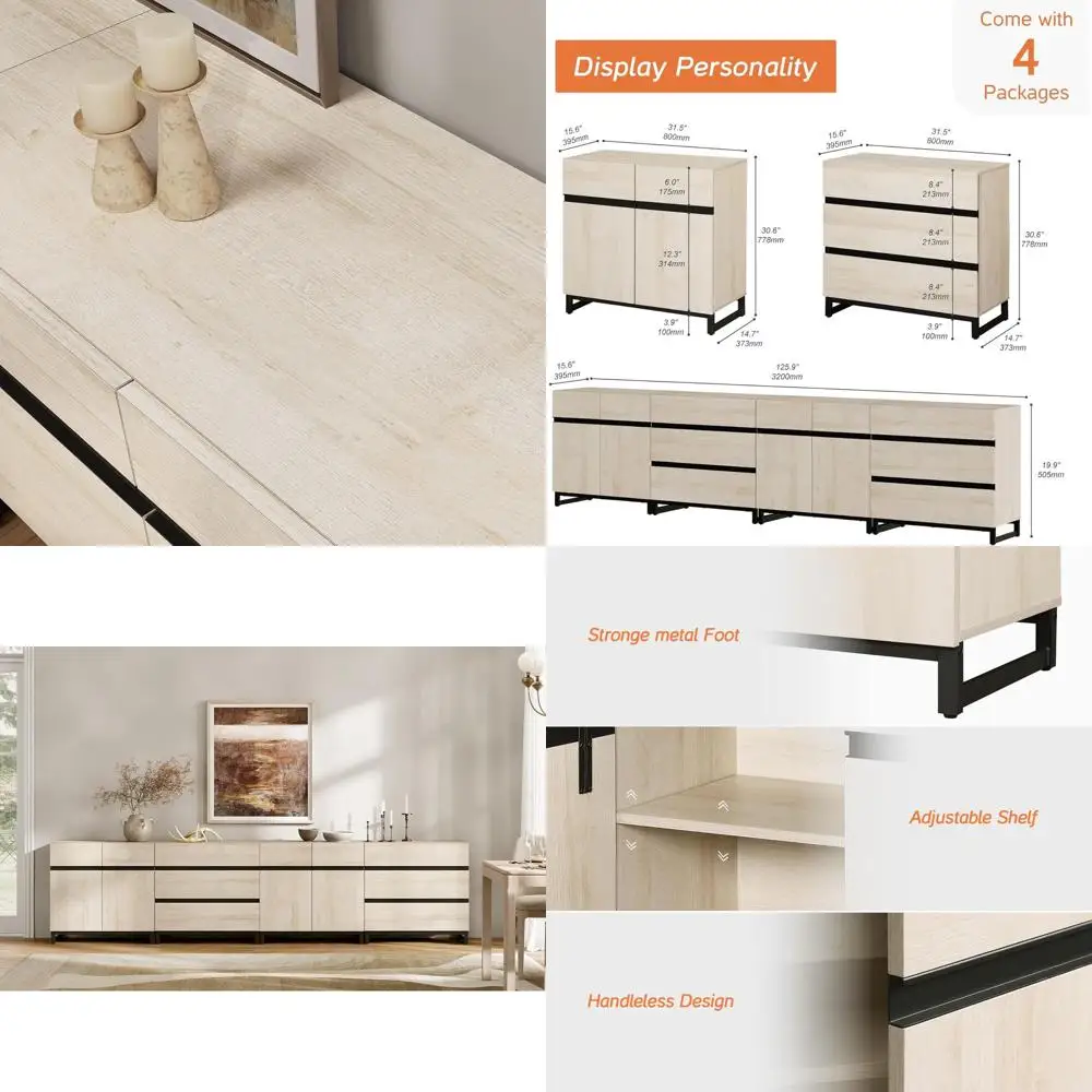 

120 Inch TV Stand with 4-in-1 Media Console, Adjustable Shelves, 6 Drawers, Light Oak Finish