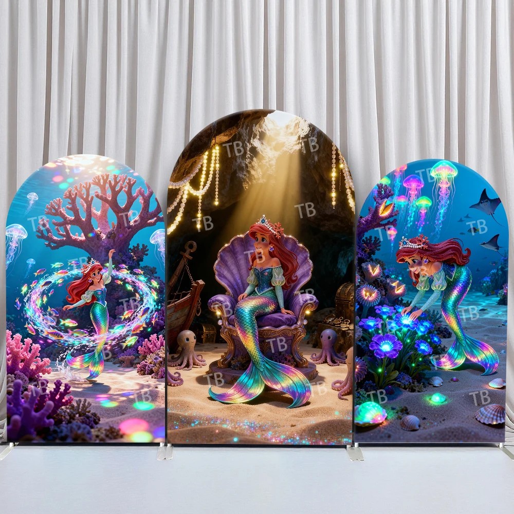 

Disney Ariel Arch Backdrop Cover Underwater Coral Shell Mermaid Scene for Birthday and Baby Shower Party Photo Booth Decor Props