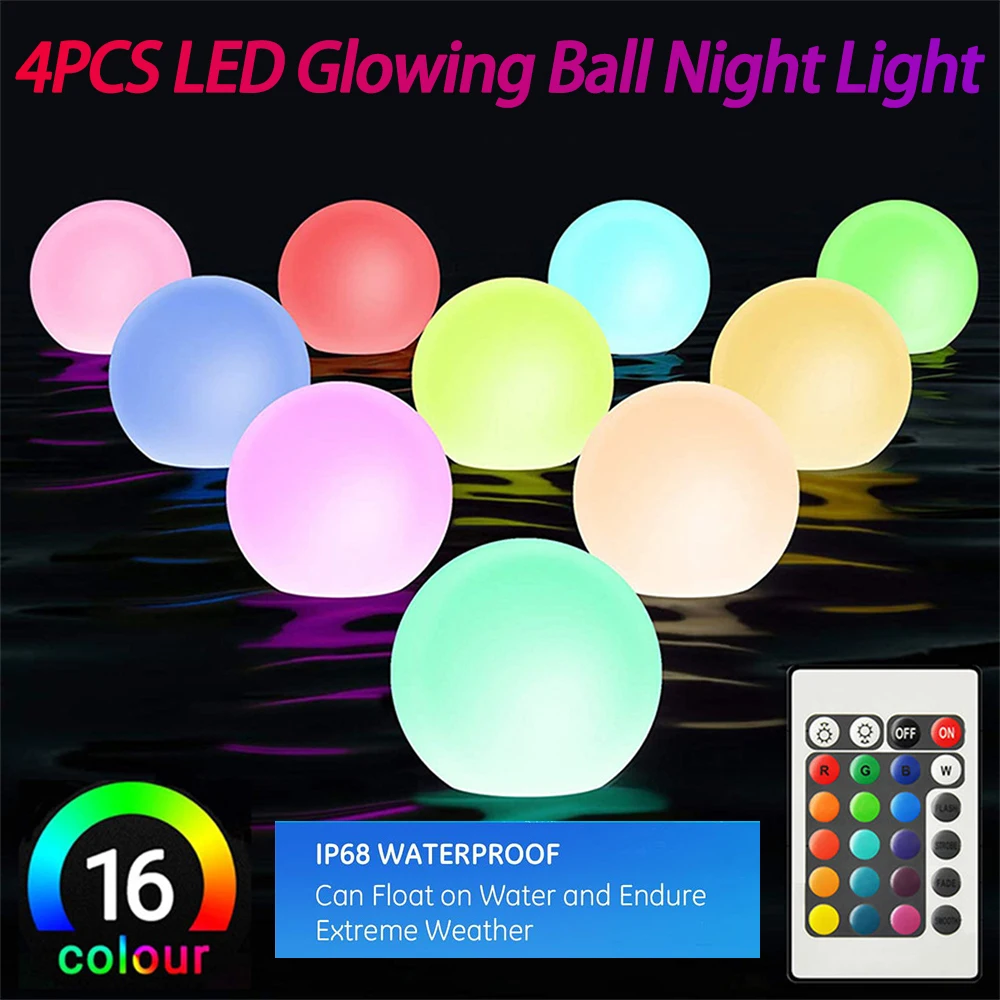 LED كرة متوهجة ضوء الليل IP68 مقاوم للماء حمام سباحة مصباح الحفلات 16 ألوان حديقة مضيئة LED الكرة عطلة ديكور المنزل