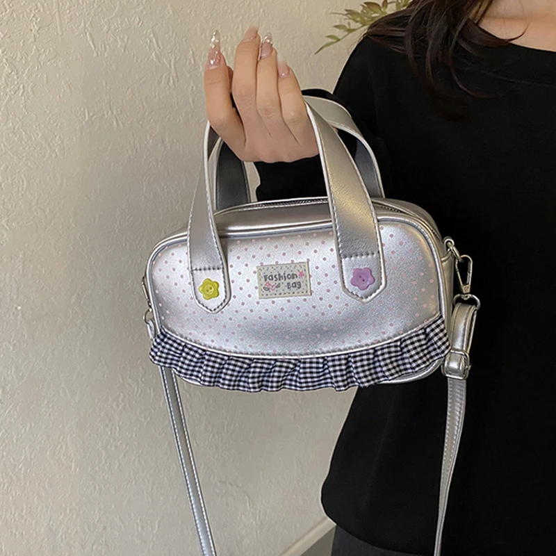 

Корейская высококачественная женская сумка в горошек, клетчатая сумка через плечо с рюшами, из искусственной кожи, на молнии, маленькая квадратная сумка с широкими ручками