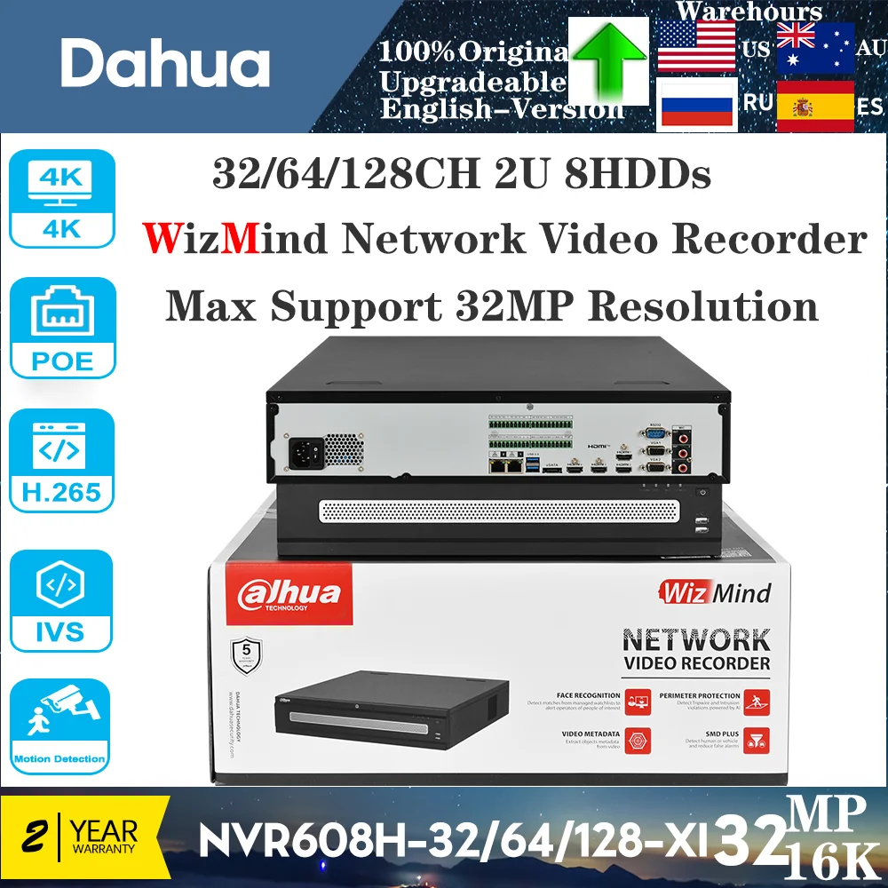 

Dahua Original 32CH NVR608H-32-XI 64CH NVR608H-64-XI 128CH NVR608H-128-XI 2U 8HDDs WizMind Network Video Recorder Face Detection