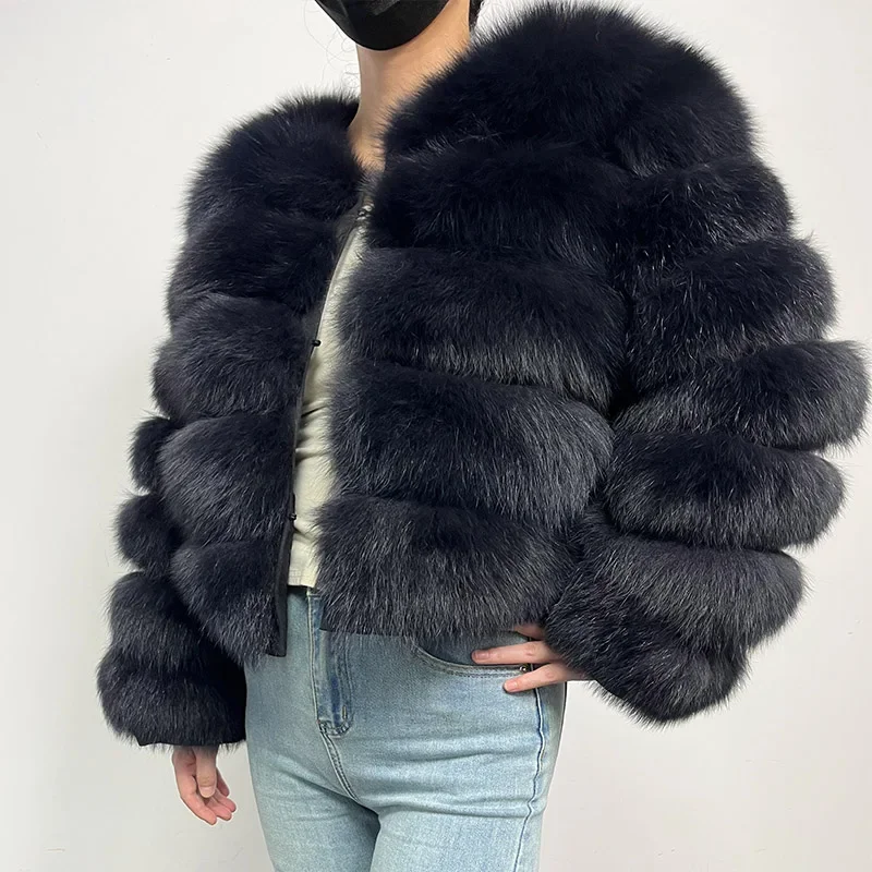 new 2024 New black blue Winter Women's Cold Coat Top Fox Jackets Women clothing Luxury Furry Natural Real fox Fur Jacket Coats