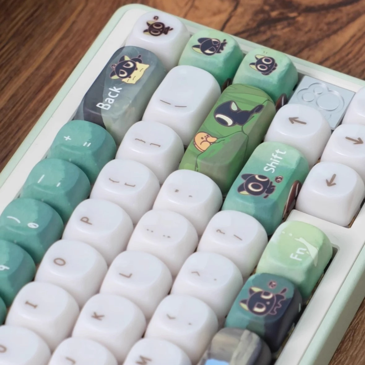 Little Black Cat Keycap MOA Profile Ceramic Texture Cute Keycaps PBT+PC Material White and Green Glaze Mechanical Keyboard Caps