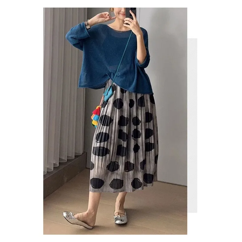 Miyake plissado preto bolinhas meia saia feminina simples casual solto moda versátil roupas de viagem coreano vestindo