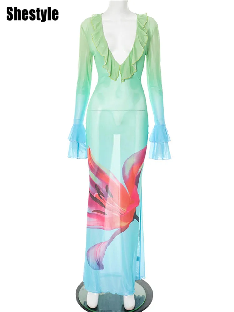 Shestyle Sexy Women Long Dress Beachwear Gradient Flower Print Mesh See-Through Ruffles V Neck Flare Trumpet Outfits Elegant