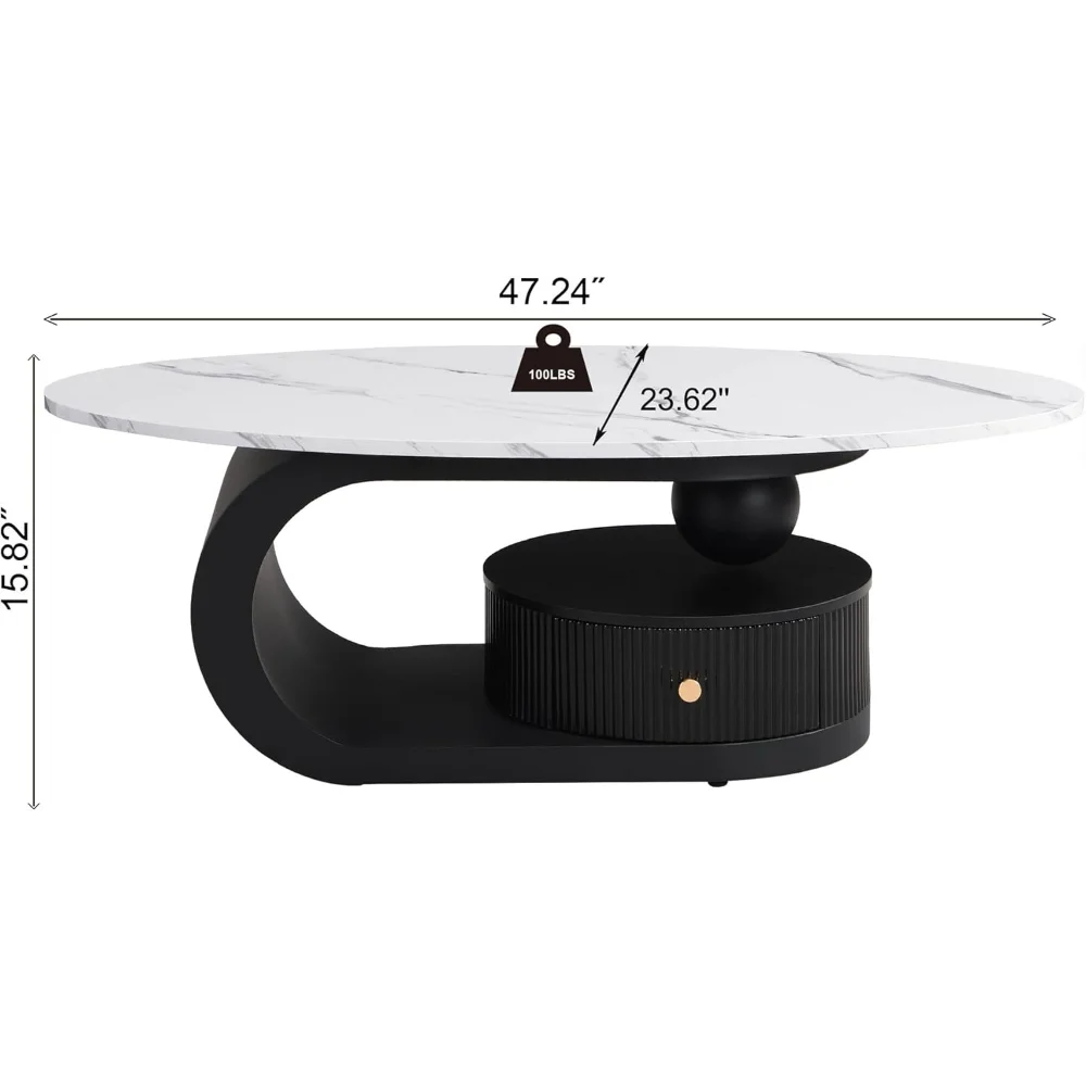 Juego de mesa de centro nido de lujo (2 piezas) - Base negra con mármol sintético moderno, incluye mesa de centro ovalada con cajón