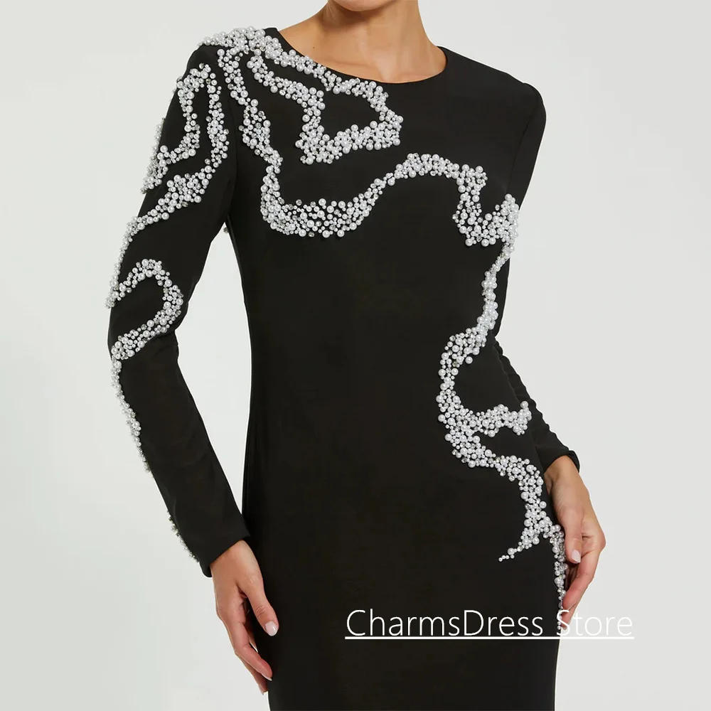 فستان سهرة متواضع بأكمام طويلة ورقبة على شكل حرف O مخصص لؤلؤ مطرز بالخرز في المملكة العربية السعودية فستان حفلات مناسبة رسمية