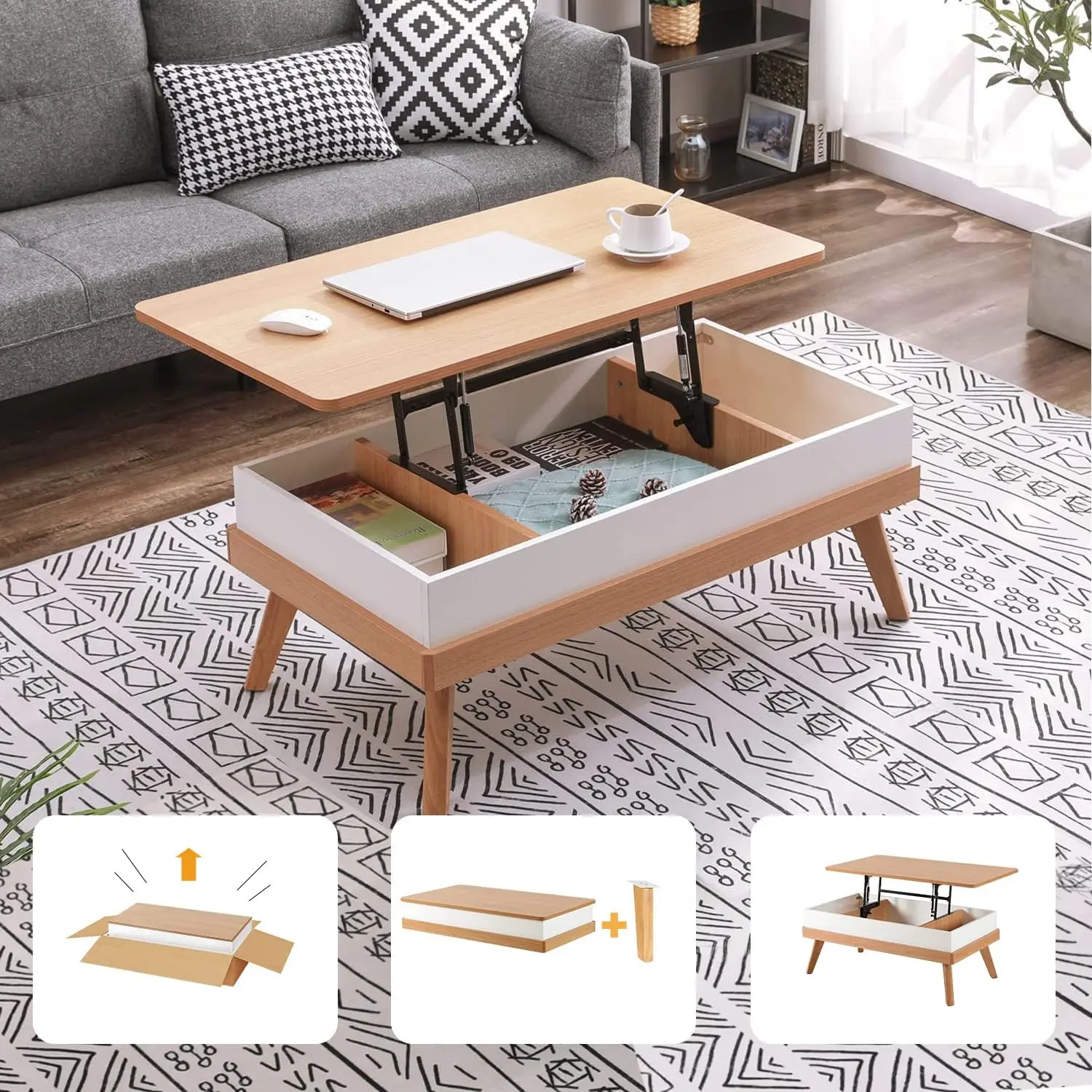 Top Coffee Center Table com compartimento de armazenamento escondido, mesa de jantar fácil de montagem para recepção da sala de estar, escritório em casa