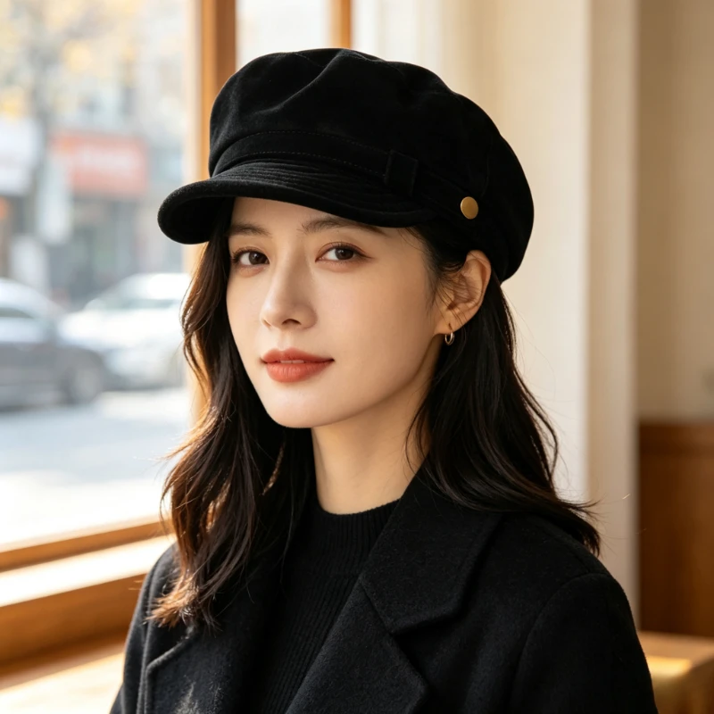 1 piece of women's autumn and winter retro navy style hat, high-end flat top newsboy hat, women's Korean painter hat