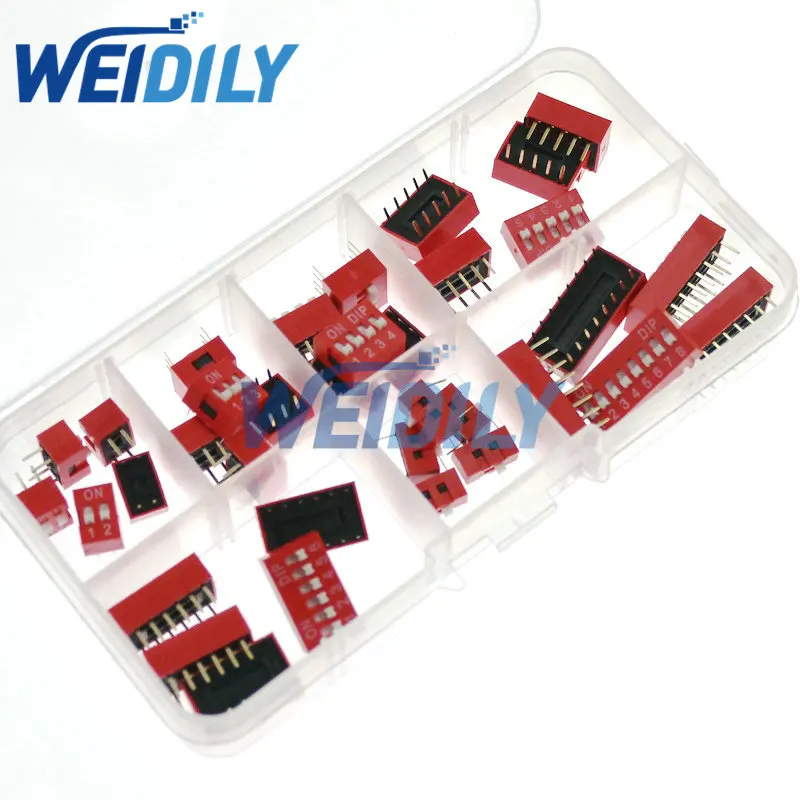 35PCS Dip Switch Kit In Box 1 2 3 4 5 6 8 Way 2.54mm Toggle Switch Red Snap Switches Mixed Kit Each 5PCS Combination Set