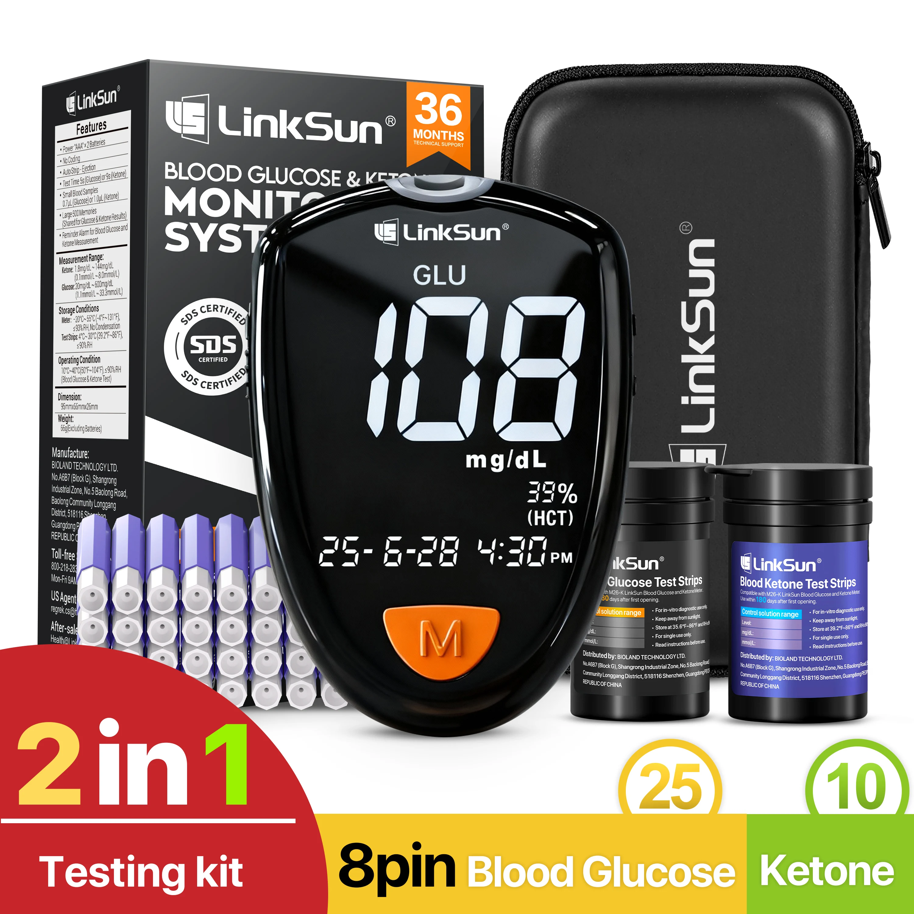Kit de Prueba de Glucosa y Cetonas en Sangre M26-K de 8 Pines, 25 Tiras de Glucosa, 10 Tiras de Cetonas, Medidor de Glucosa y Cetonas 2 en 1 con Pantalla Grande