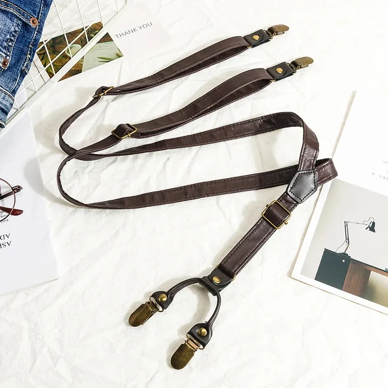 Heavy Duty Suspender Clips Men Pants Black Coffee Vintage PU Leather 6 Strap Clip 1.8*120cm Metal Copper Buckle Trousers Braces