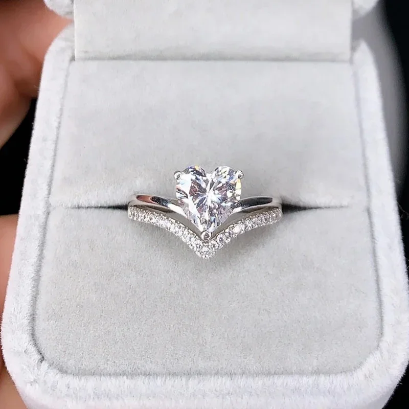 

Delicate Silver Color White Zircon Stones Heart Rings for Women Fashion Bridal Engagement Wedding Ring Set Jewelry Gift