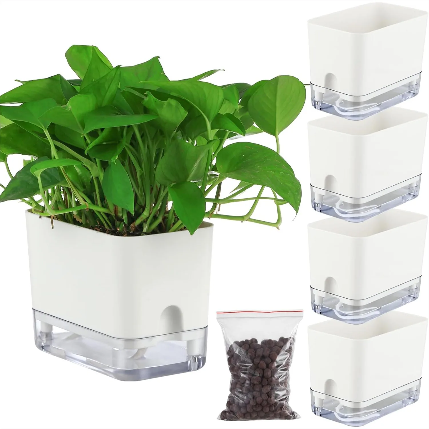 

Self Watering Plant Pots for Indoor Plants 7 inch, 4 Pack Rectangle Planters with Drainage Hole, White African Violet Pots for