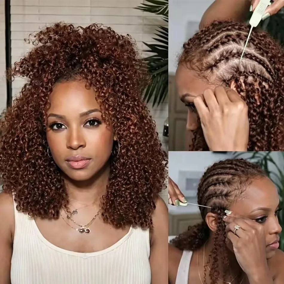 Chocolate Brown Kinky Curly Crochet Human Hair Extension Invisible Knots Pre Separated Water Wave Feather Crochet Braids Hair Deep Wave Hair Bundles