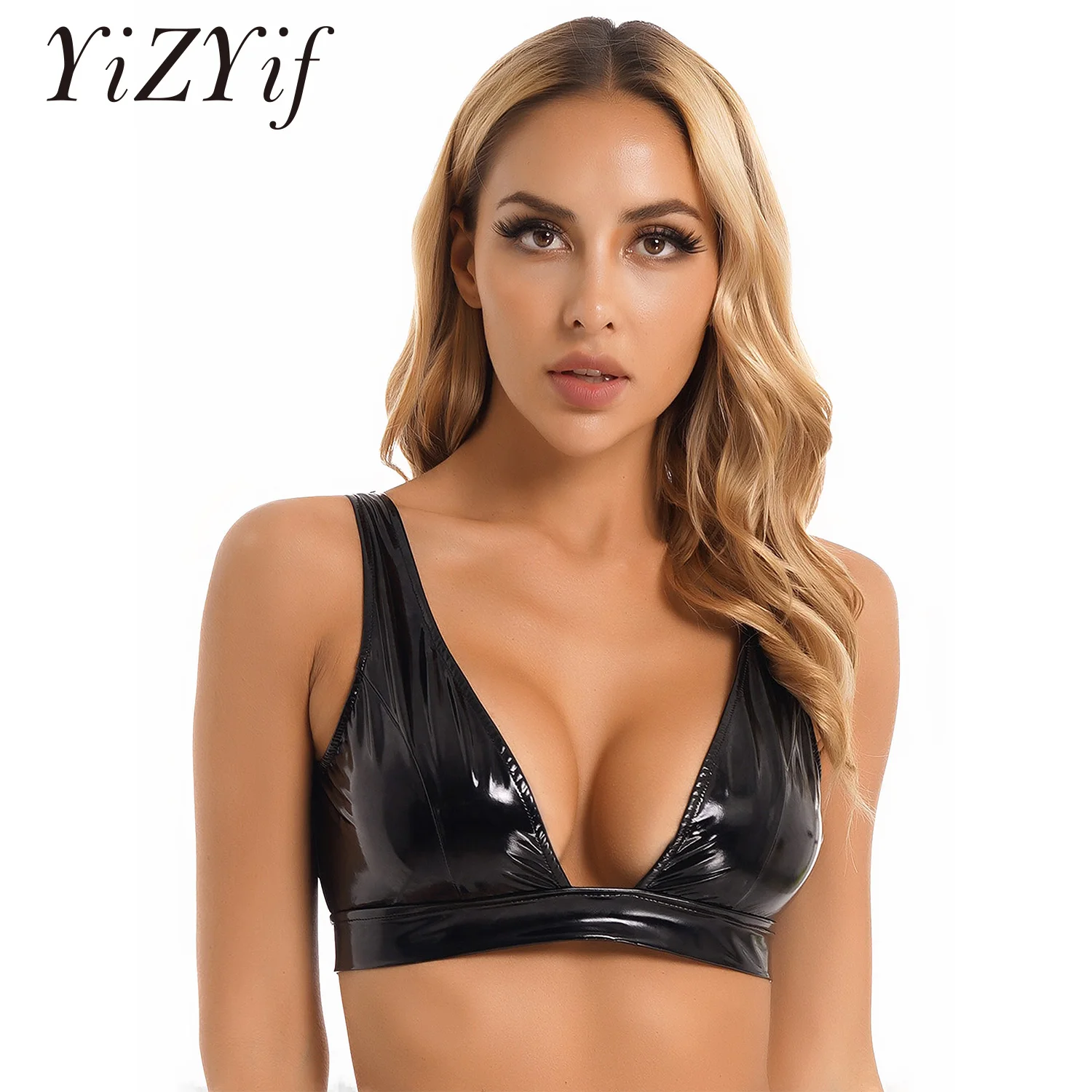 

Womens Lingerie Glossy Patent Leather Wireless Bra Tops Low-Cut Pole Dance Rave Clubwear Wide Shoulder Strap Crop Tank Tops