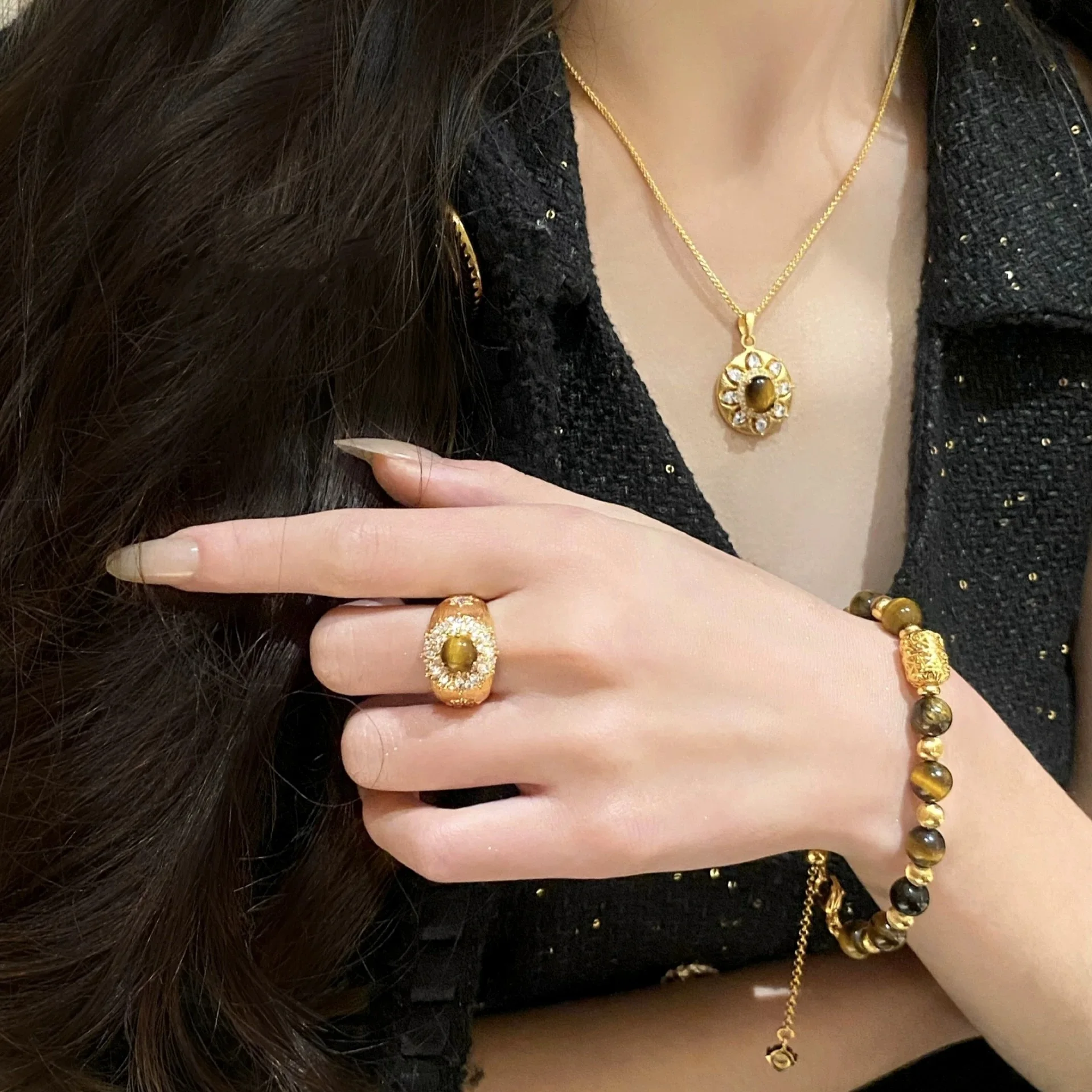 

Women's 24K Gold AU999 Tiger's Eye Brushed Jewelry Set Pendant Ring, Timeless Beauty