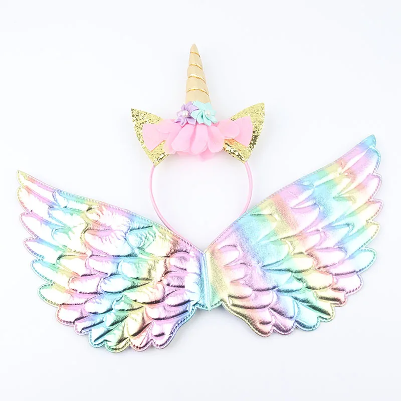 Girls Unicorn Headband Rainbow Wings Cat Ear Cute Hairband Unicorn Birthday Party Decoration Kid Dress Up Toy Cosplay Photo Prop