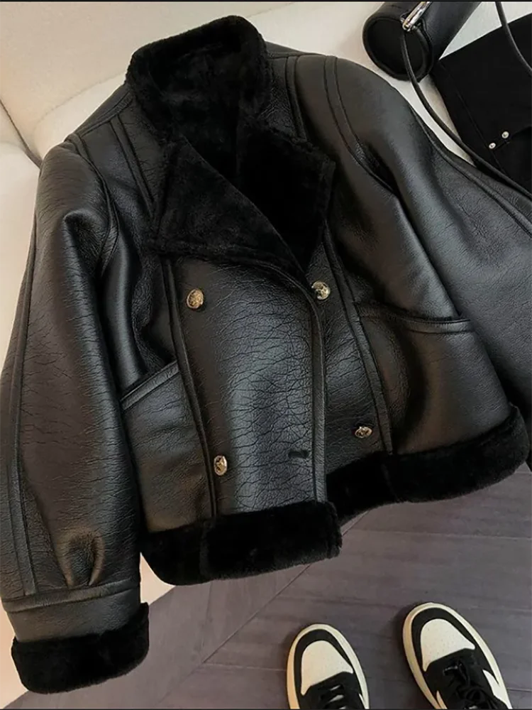 Zimowa Nowa Kurtka Jednoczęściowa ze Sztucznego Futra, Krótki Płaszcz Damski ze Sztucznej Skóry PU, Pluszowa, Gruba, Ciepła Parka, Modna Luźna Odzież Rowerowa