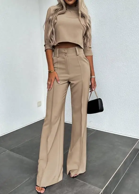 Casual Two-Piece Commuting Women's Suit 2024 New Stand Up Collar Exposed Navel Top and Pocket Design Ribbed Style Work Pants Set